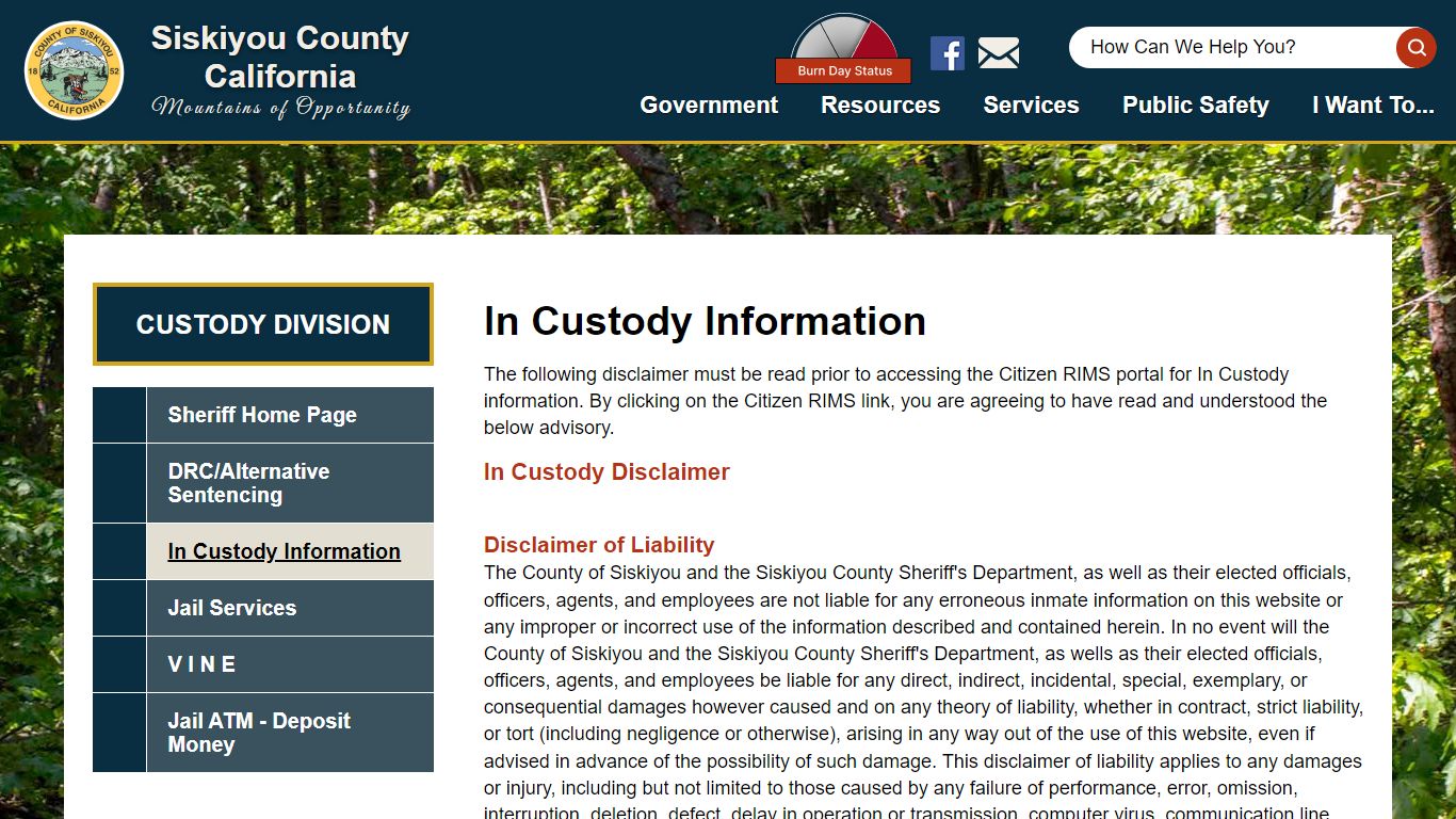 In Custody Information | Siskiyou County California