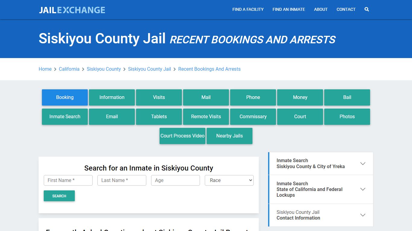 Siskiyou County Jail Recent Bookings And Arrests - Jail Exchange